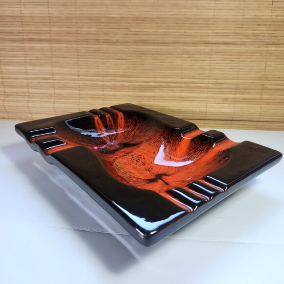 Evangeline Ceramic Ashtray Mid Century Modern Vintage Large Canada Black Orange - Picture 1 of 14